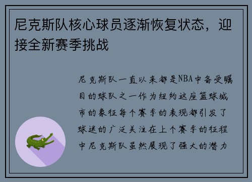 尼克斯队核心球员逐渐恢复状态，迎接全新赛季挑战