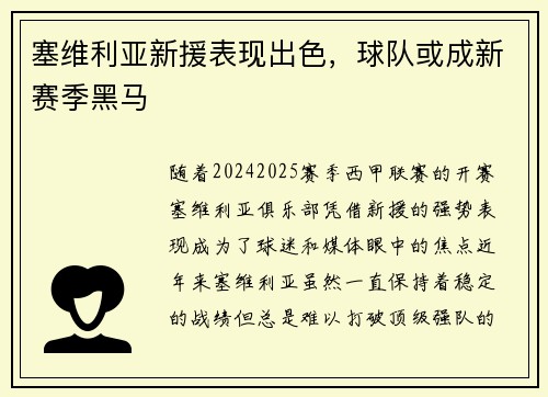 塞维利亚新援表现出色，球队或成新赛季黑马