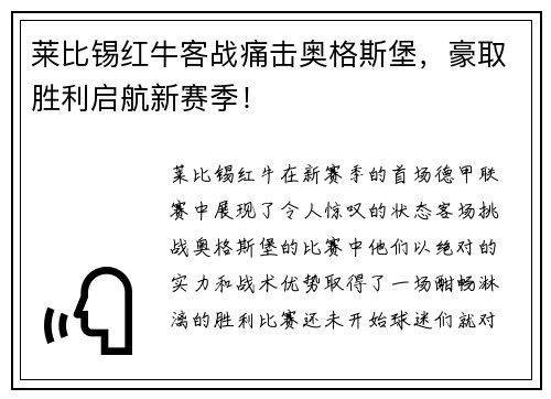 莱比锡红牛客战痛击奥格斯堡，豪取胜利启航新赛季！