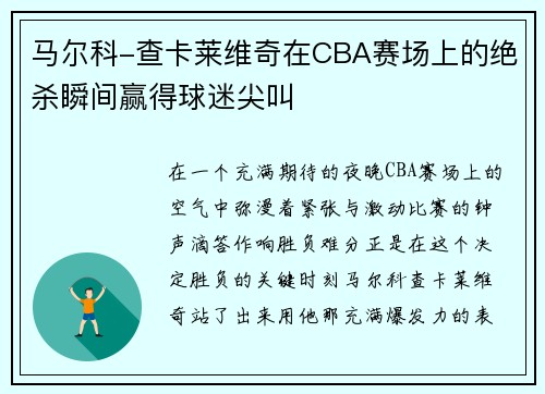 马尔科-查卡莱维奇在CBA赛场上的绝杀瞬间赢得球迷尖叫