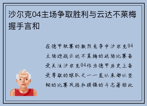 沙尔克04主场争取胜利与云达不莱梅握手言和