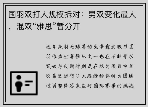 国羽双打大规模拆对：男双变化最大，混双“雅思”暂分开