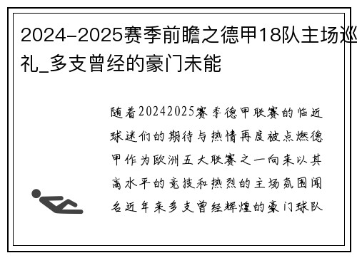 2024-2025赛季前瞻之德甲18队主场巡礼_多支曾经的豪门未能