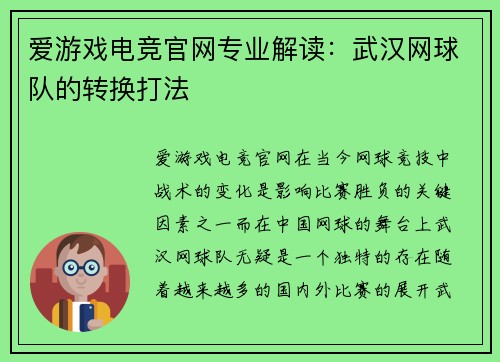 爱游戏电竞官网专业解读：武汉网球队的转换打法